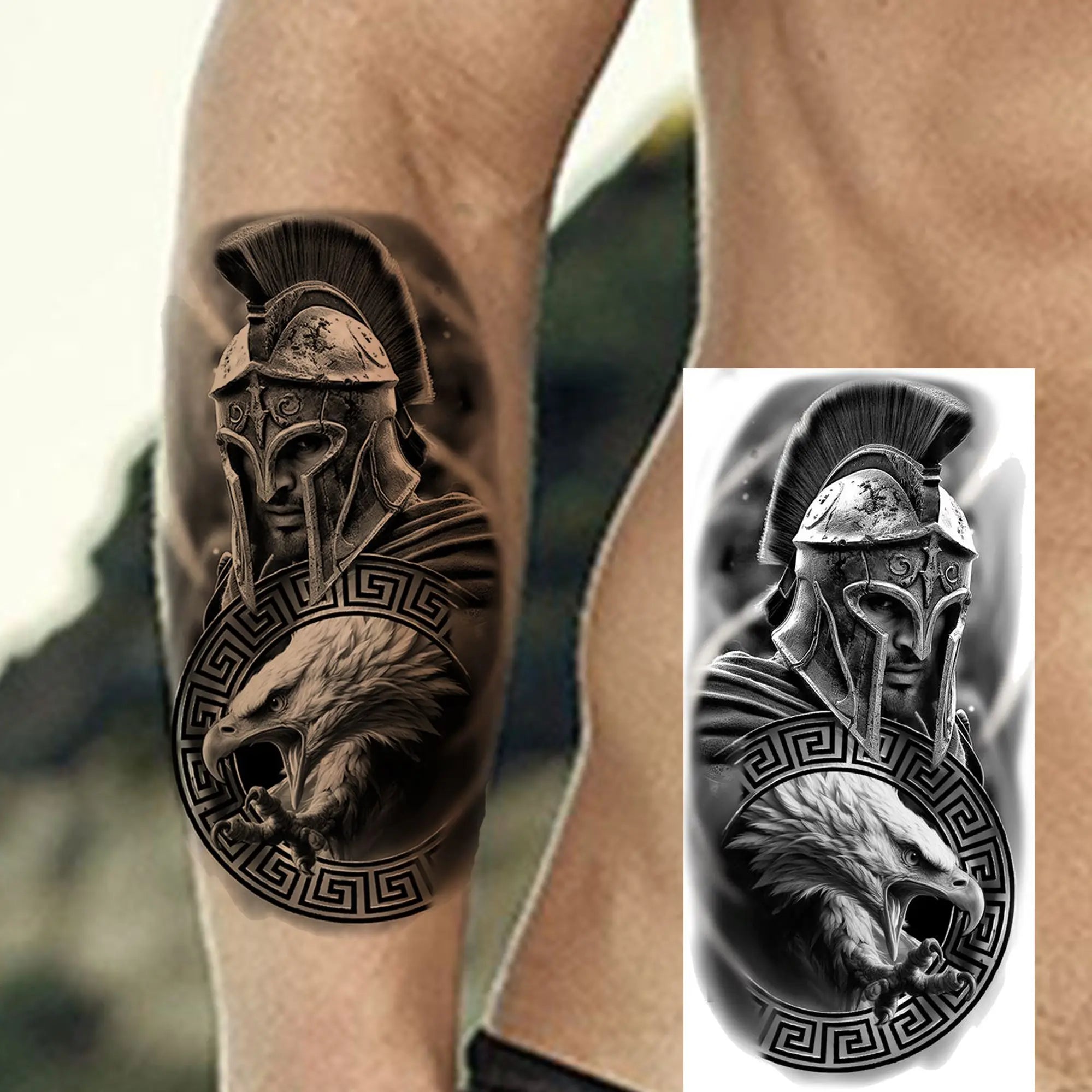 1pc Black Warrior Spartan Temporary Tattoo Stickers – Gladiator Helmet Lion Wolf Armor Design