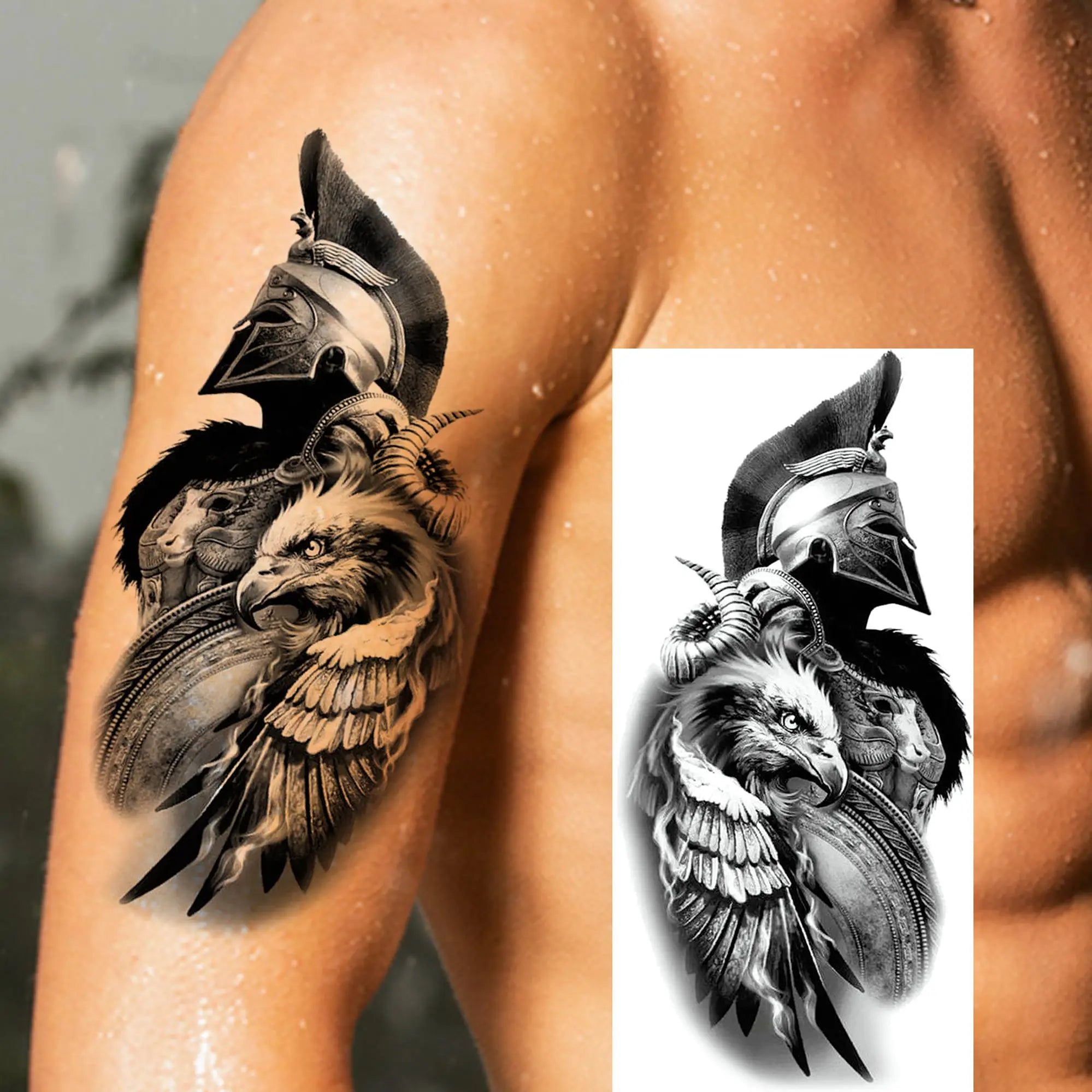 1pc Black Warrior Spartan Temporary Tattoo Stickers – Gladiator Helmet Lion Wolf Armor Design
