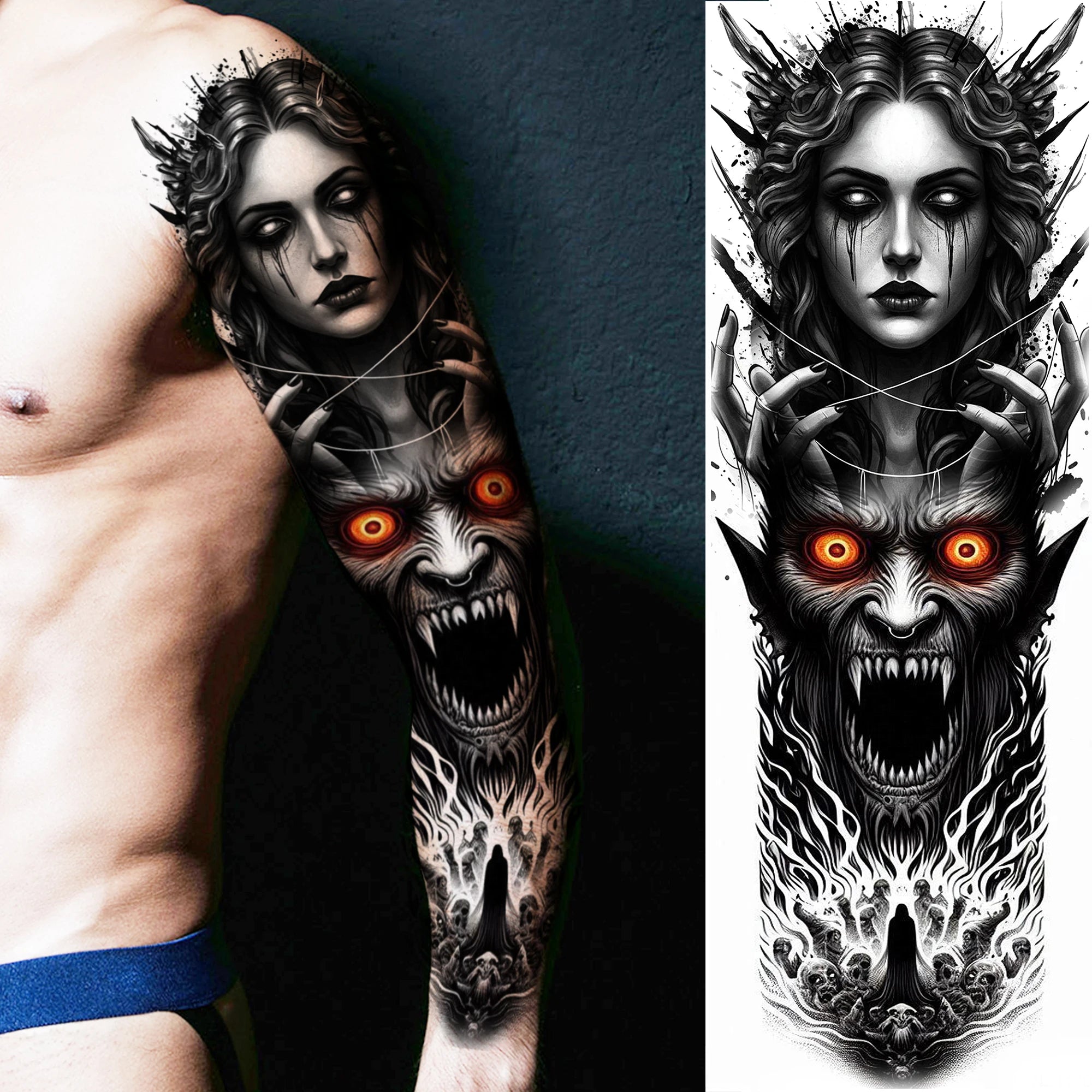 1 Sheet Zeus Jesus Skull Arm Temporary Tattoo Stickers – Waterproof Fake Sleeve Tattoo for Arm and Leg