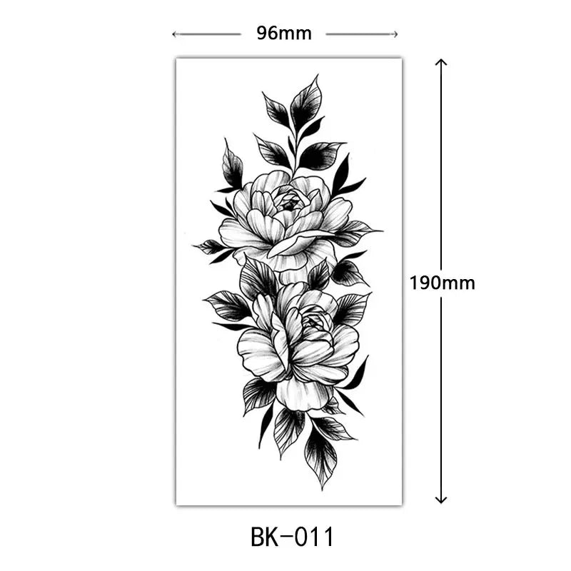Black Floral Temporary Tattoo Stickers – Waterproof Fake Flower Tattoos for Hand, Arm, Body