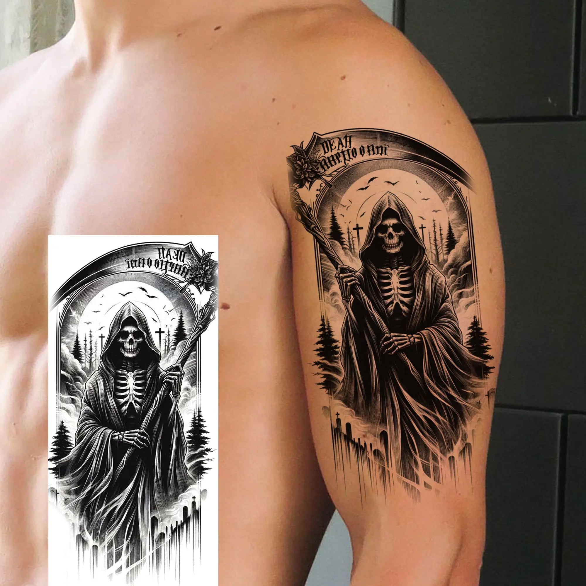 Grim Reaper Skull Pirate Temporary Tattoo – Halloween Fake Tattoo Sticker (1 Sheet)