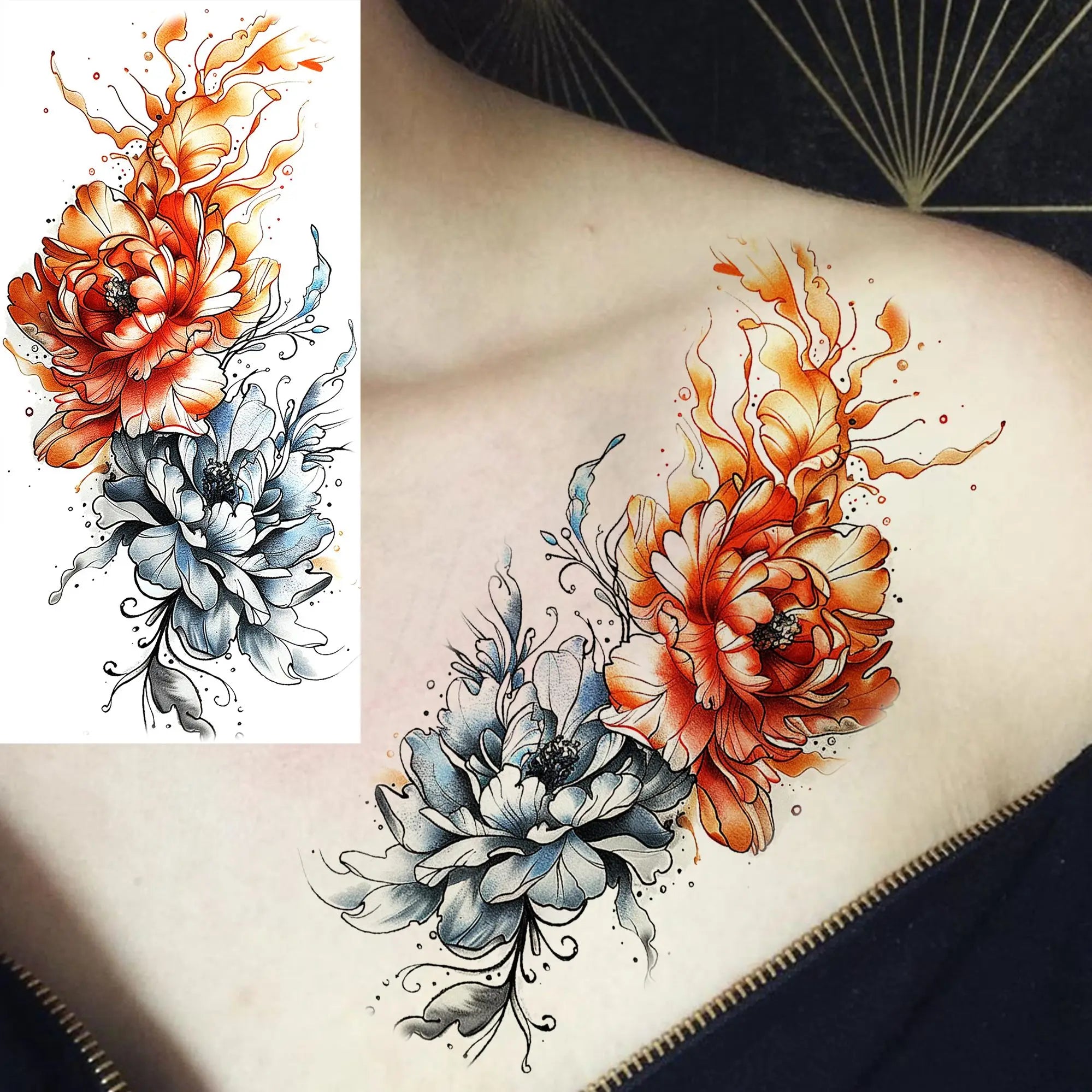 1 Sheet Watercolor Tiger Rose Temporary Tattoo Sticker – Waterproof Fake Tattoo with Floral & Bird Design