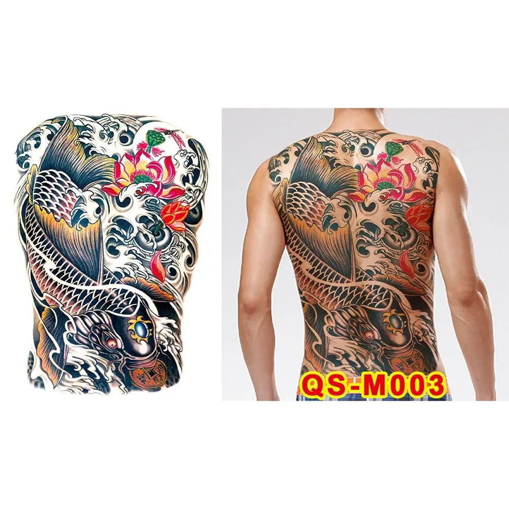 Full Back Water Transfer Tattoo Stickers – Angel Wings, Cross, Warrior Style Fake Tattoo for Men