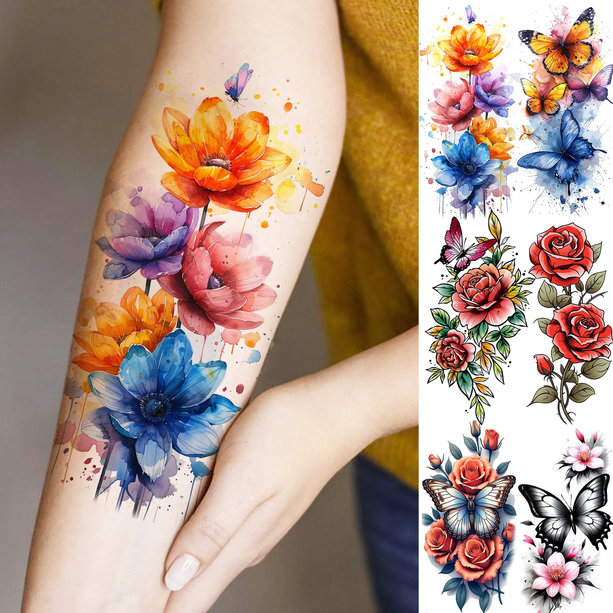 Watercolor Flower & Butterfly Tattoo – Realistic Waterproof Temporary Sticker (1 Sheet)