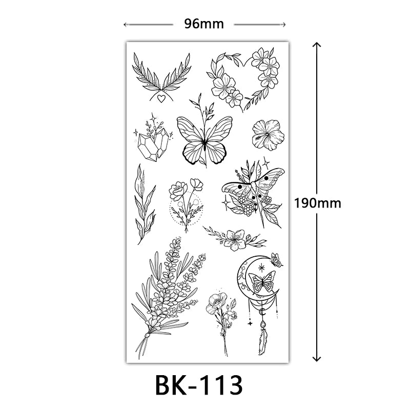 Black Floral Temporary Tattoo Stickers – Waterproof Fake Flower Tattoos for Hand, Arm, Body