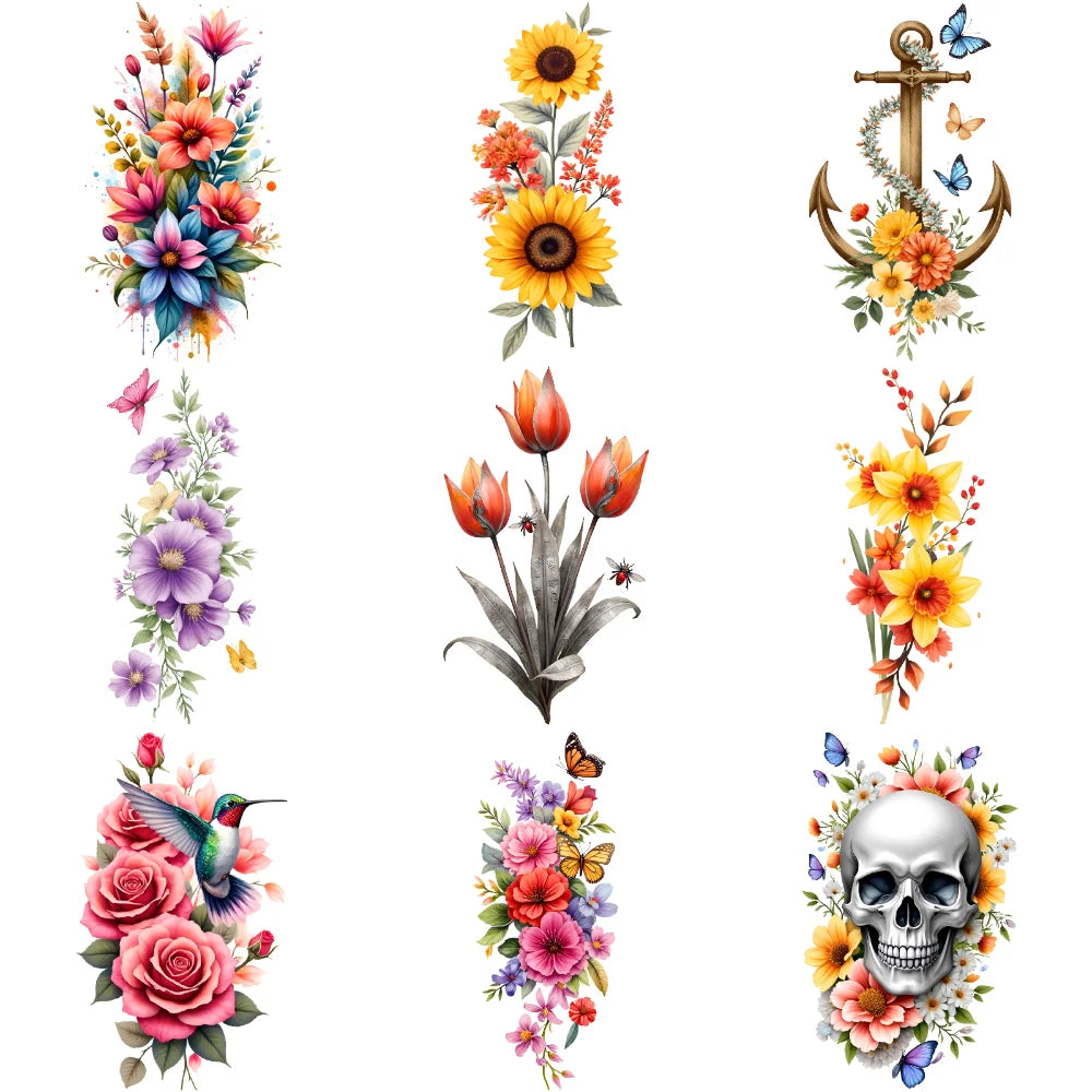 9pcs Colorful Flower Temporary Tattoo Stickers – Waterproof Floral Body Art for Neck, Back, Shoulder