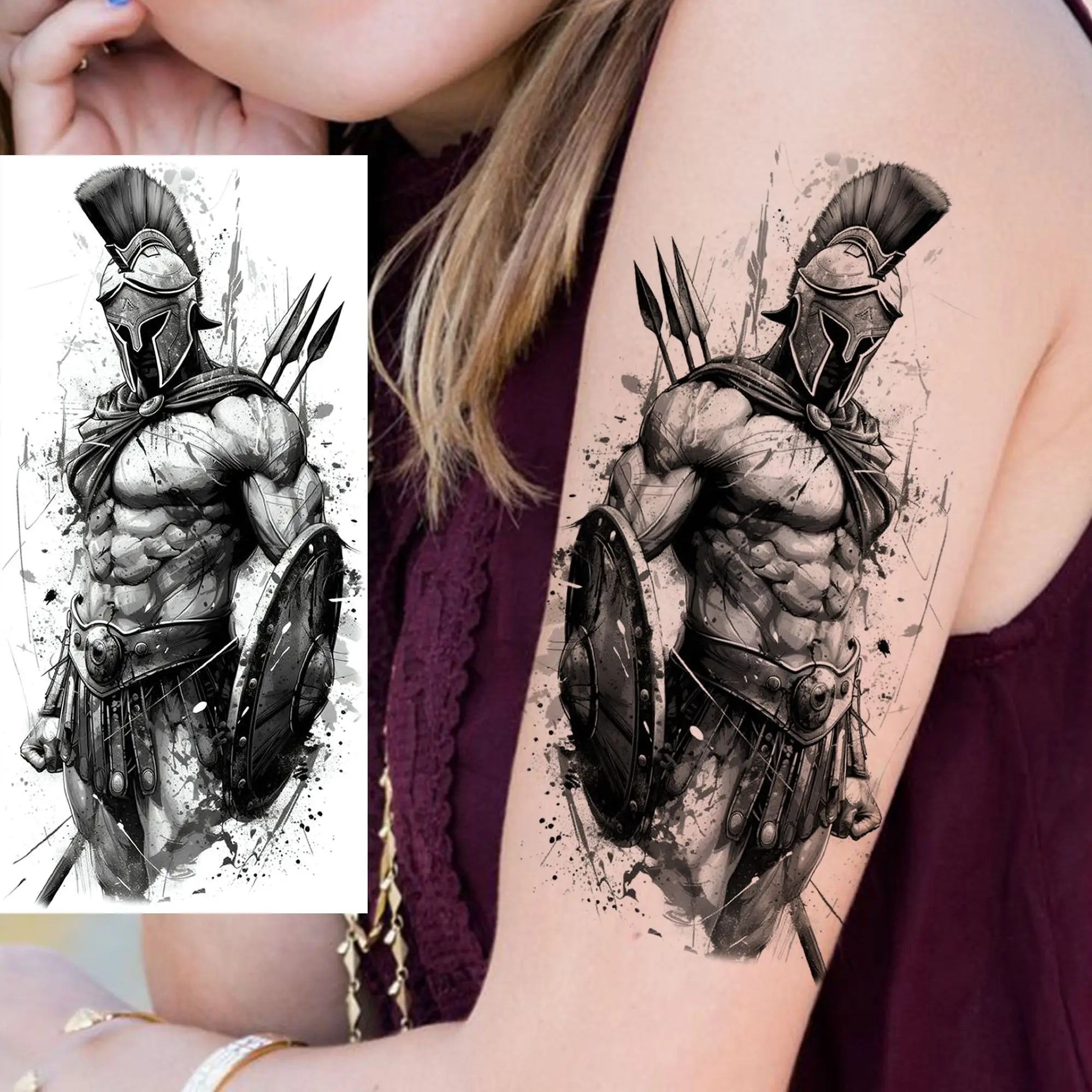 1pc Black Warrior Spartan Temporary Tattoo Stickers – Gladiator Helmet Lion Wolf Armor Design