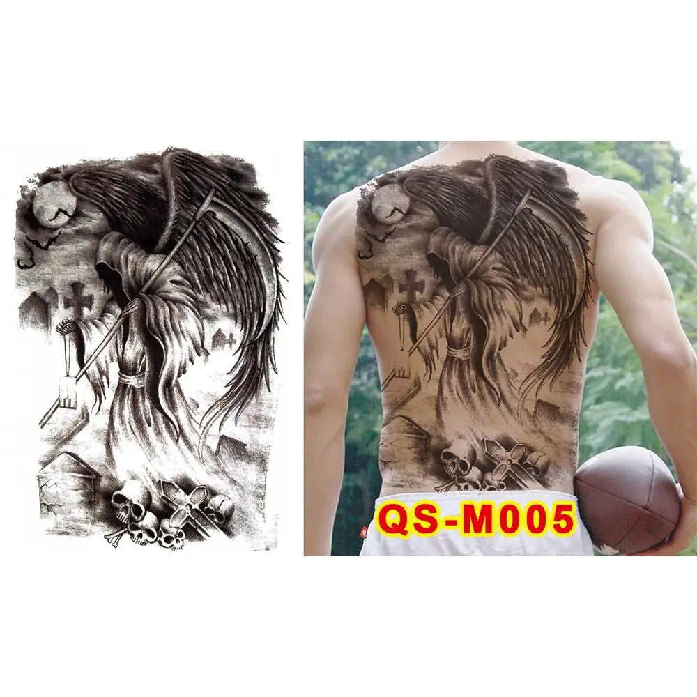 Full Back Water Transfer Tattoo Stickers – Angel Wings, Cross, Warrior Style Fake Tattoo for Men