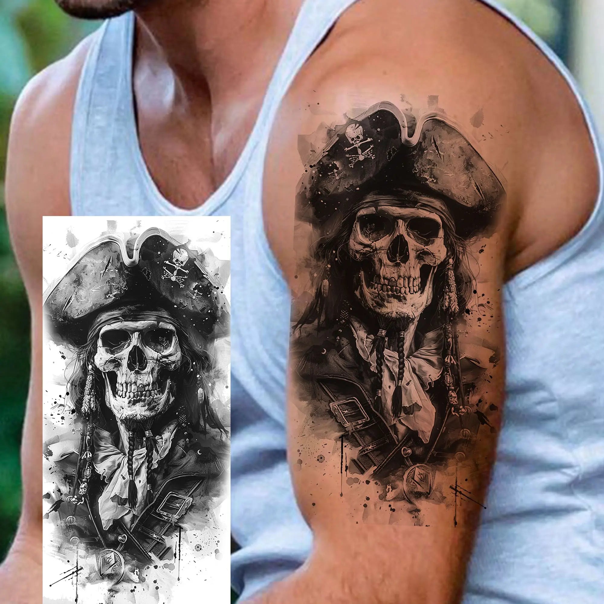 Grim Reaper Skull Pirate Temporary Tattoo – Halloween Fake Tattoo Sticker (1 Sheet)