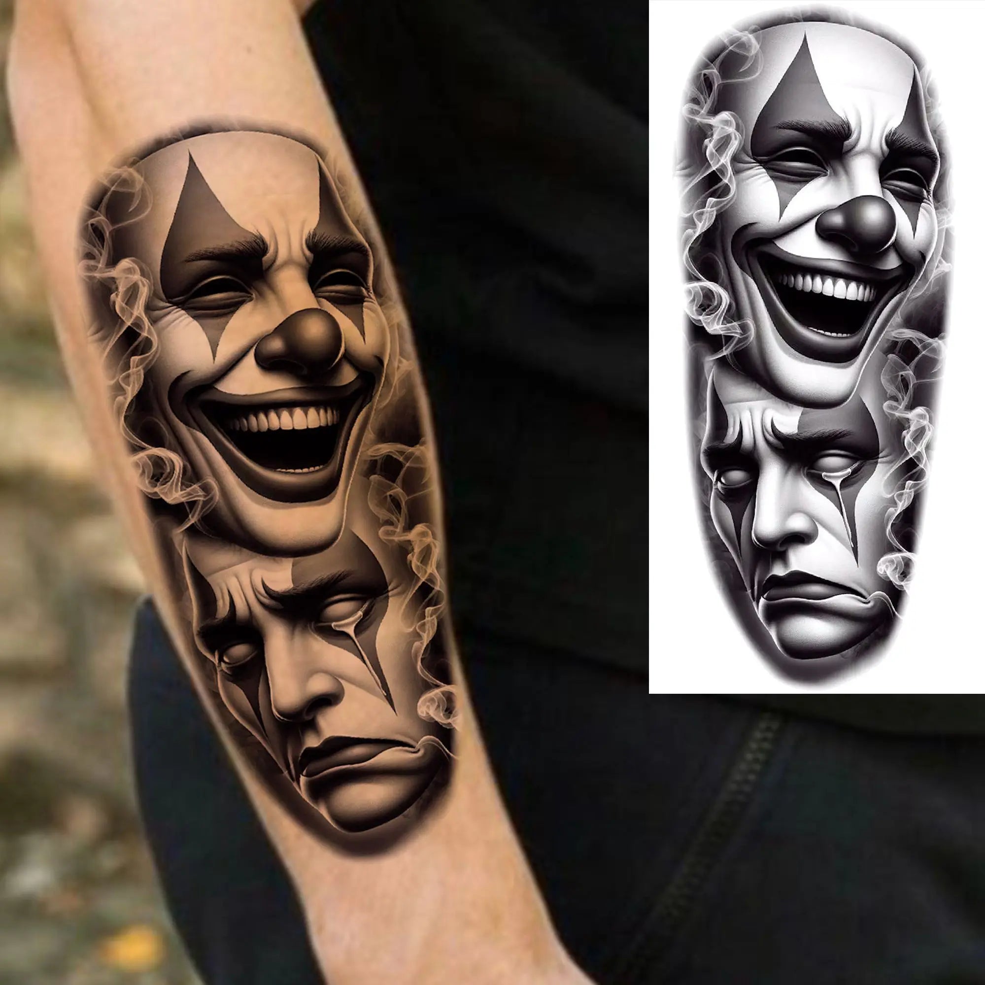 1 Sheet Gangster Joker Mask Poker Temporary Tattoo – Waterproof Fake Sleeve for Arm, Realistic Robber Rebel Design