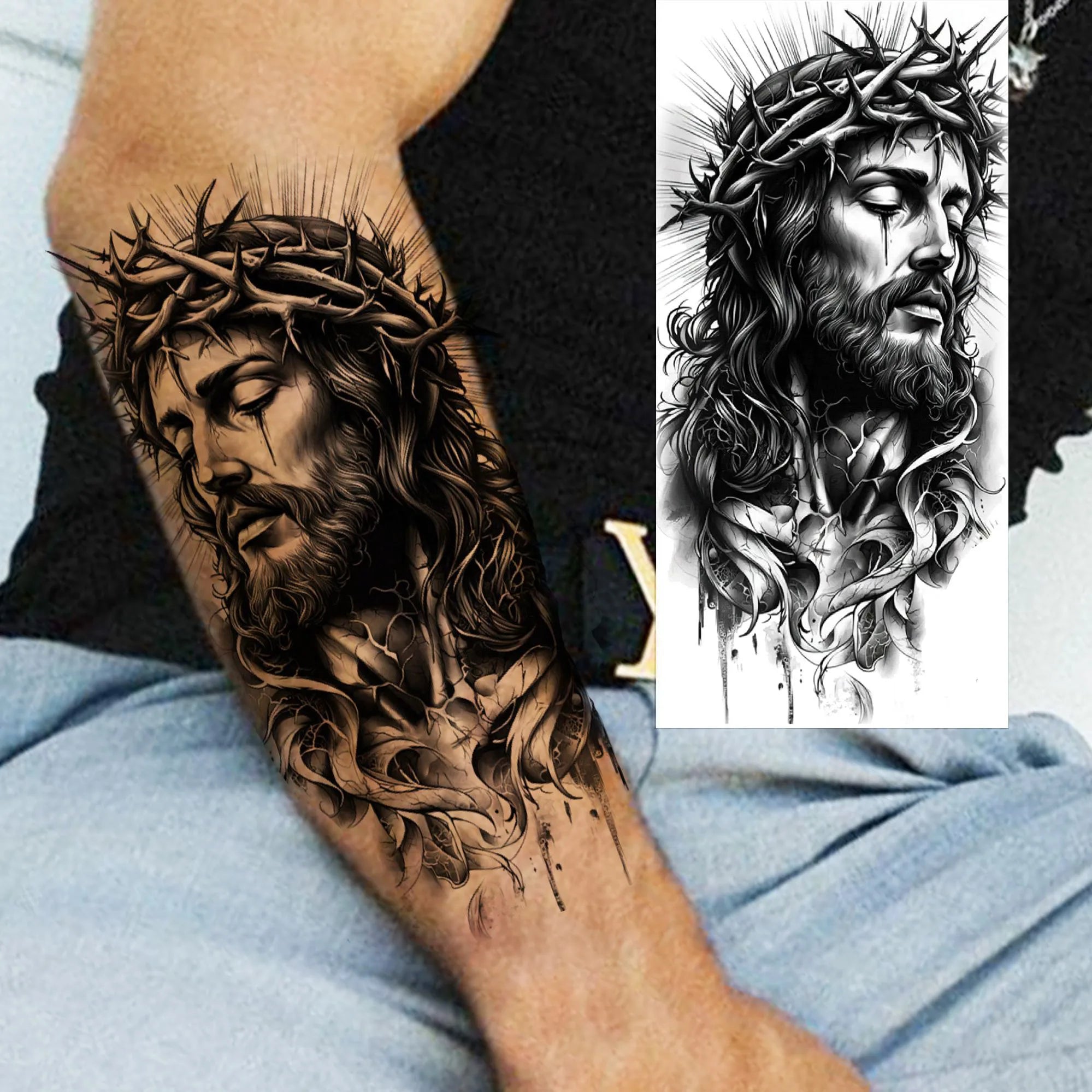 1pc Black Jesus Mary Cross Temporary Tattoo Stickers – Realistic Christian Prayer Tattoo Waterproof
