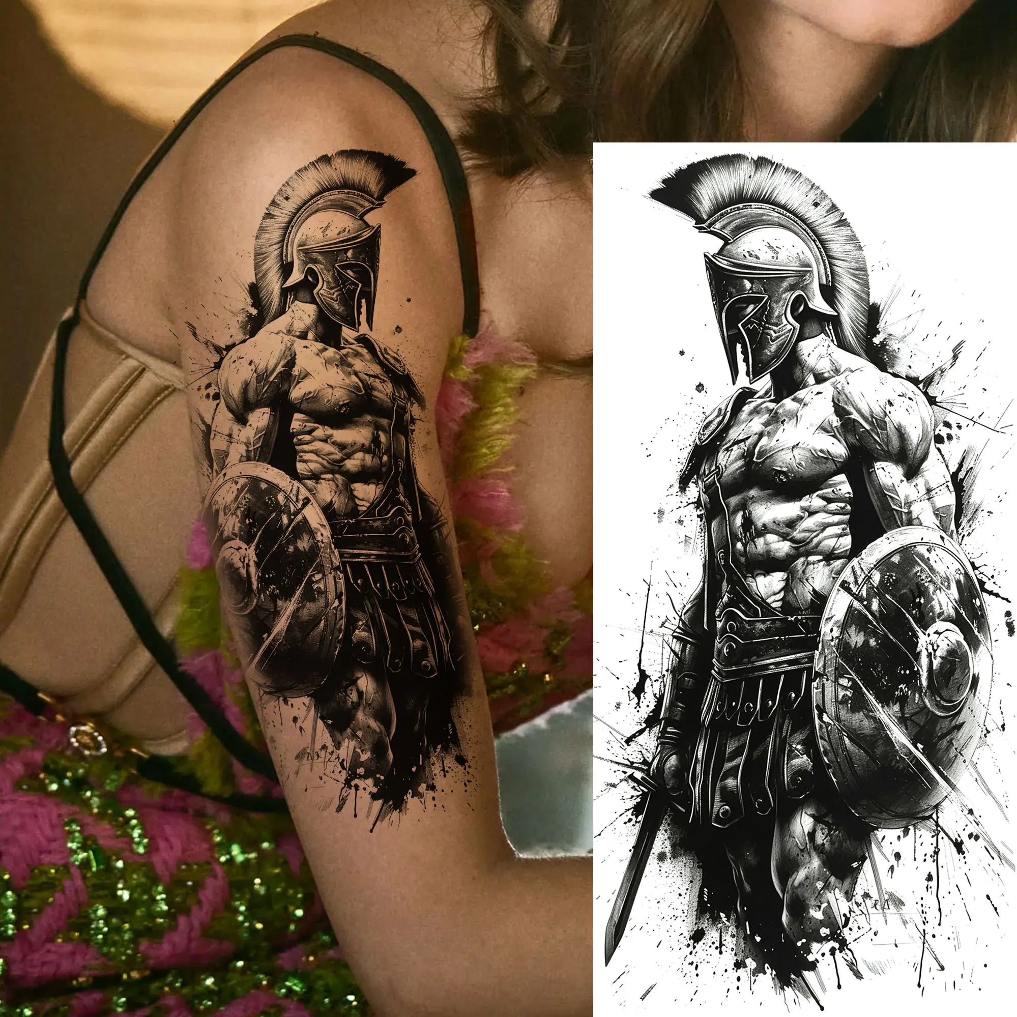 1pc Black Warrior Spartan Temporary Tattoo Stickers – Gladiator Helmet Lion Wolf Armor Design