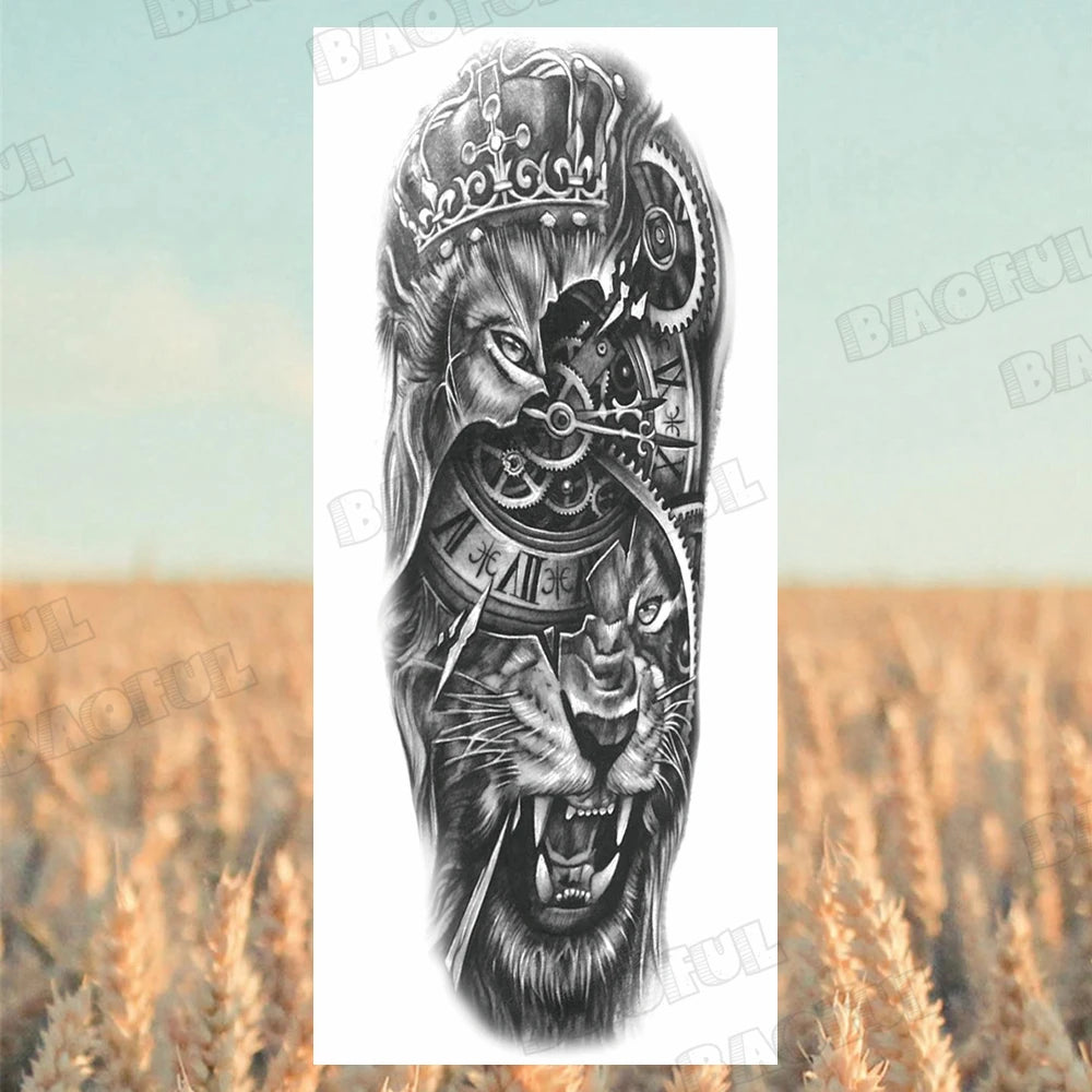 1 Sheet Wolf Lion Maori Flower Arm Sleeve Temporary Tattoo Sticker – Realistic Waterproof Fake Tattoos for Body