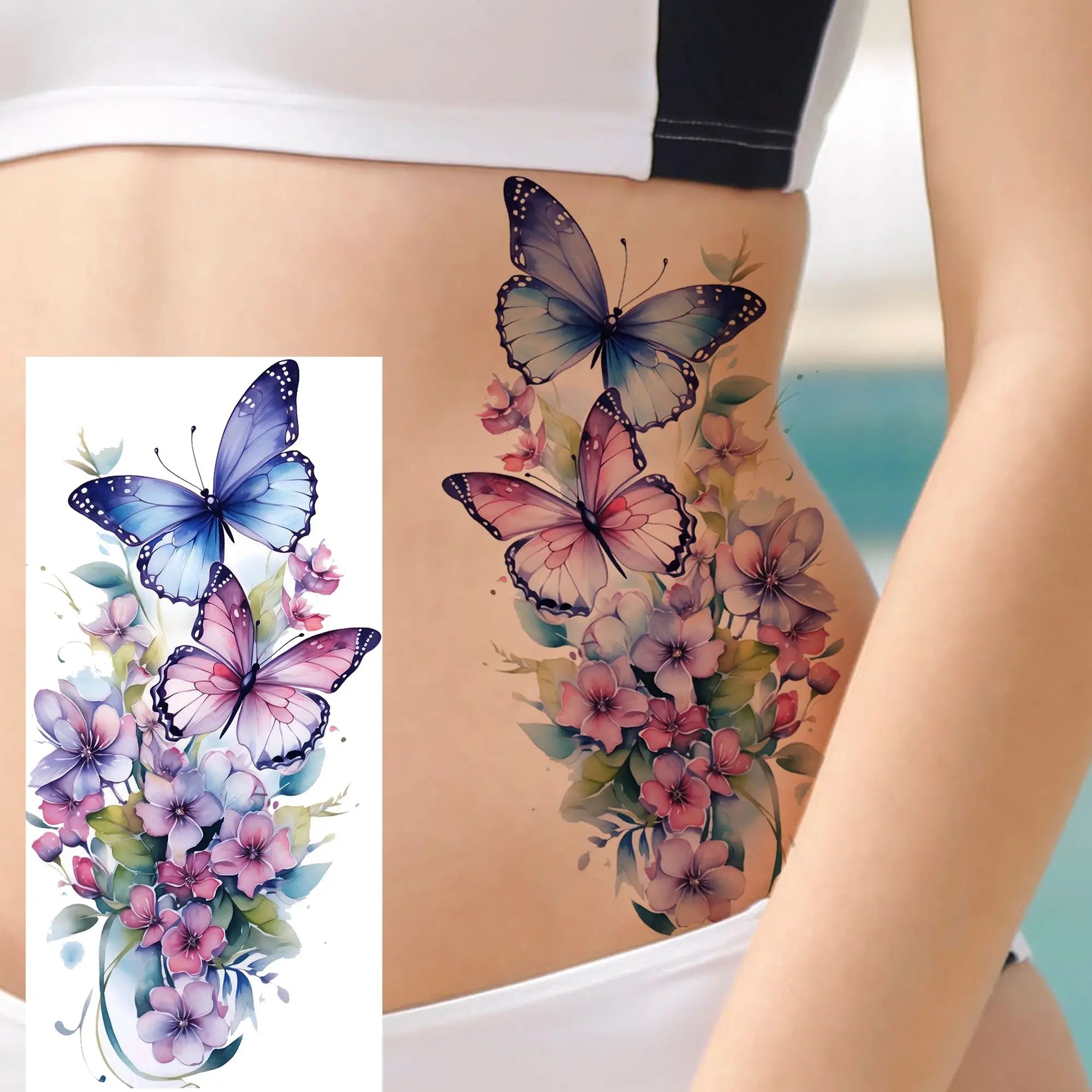 Watercolor Flower & Butterfly Tattoo – Realistic Waterproof Temporary Sticker (1 Sheet)