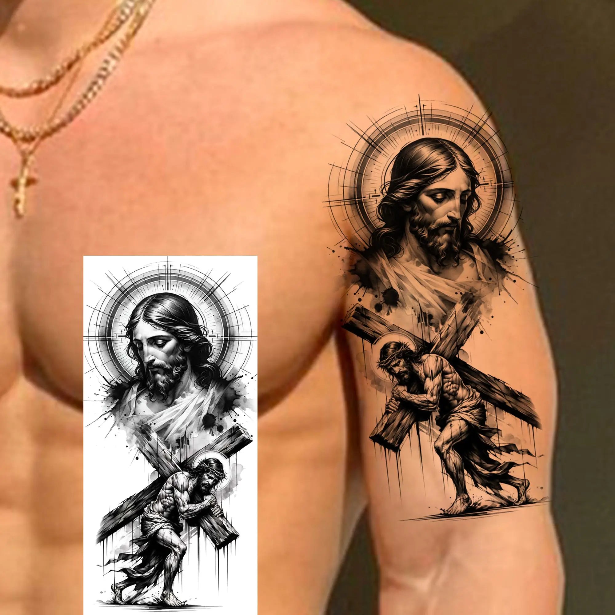 1pc Jesus Pray Cross Temporary Tattoo Stickers – Realistic Christian Fake Tattoos for Arm Chest Leg