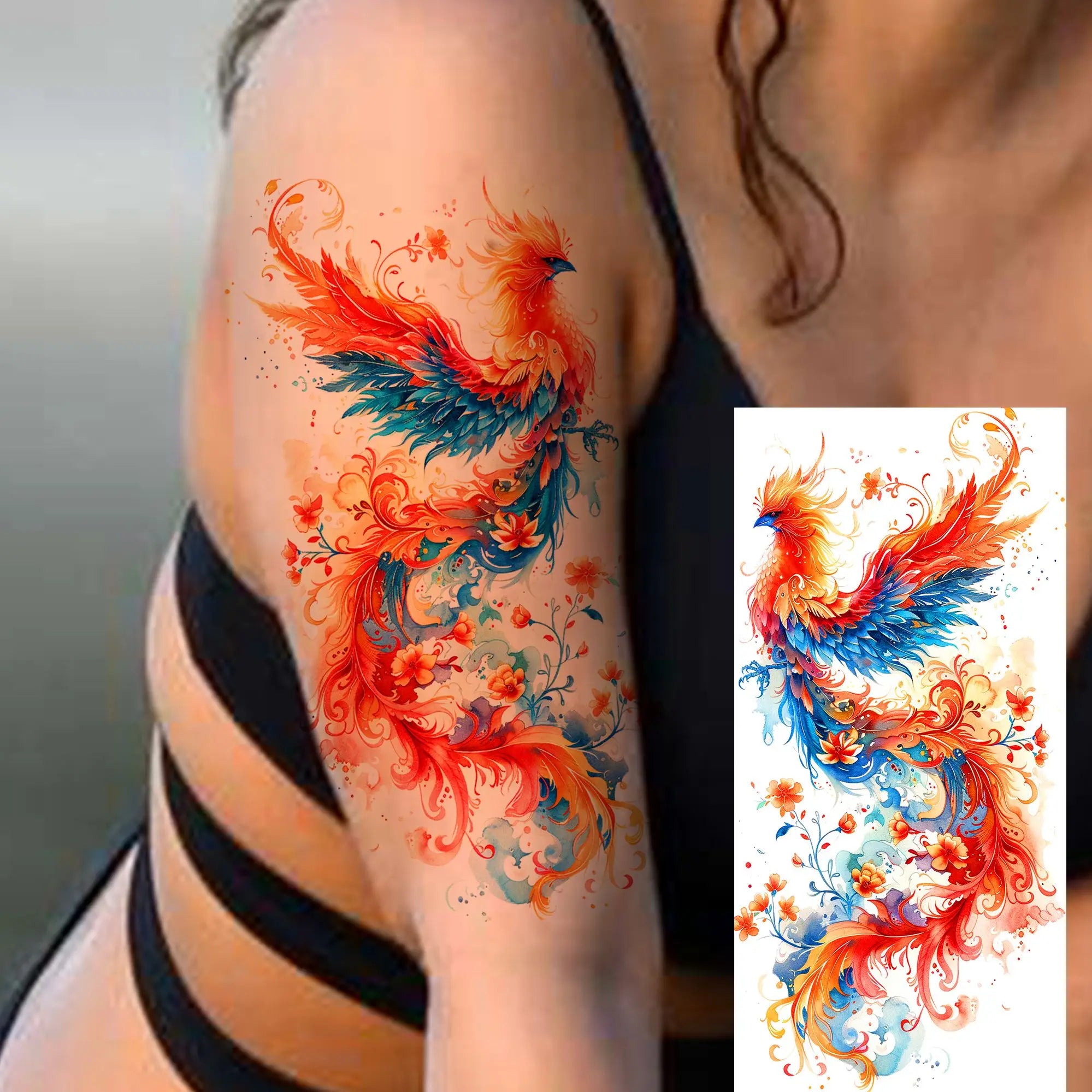 1 Sheet Watercolor Tiger Rose Temporary Tattoo Sticker – Waterproof Fake Tattoo with Floral & Bird Design