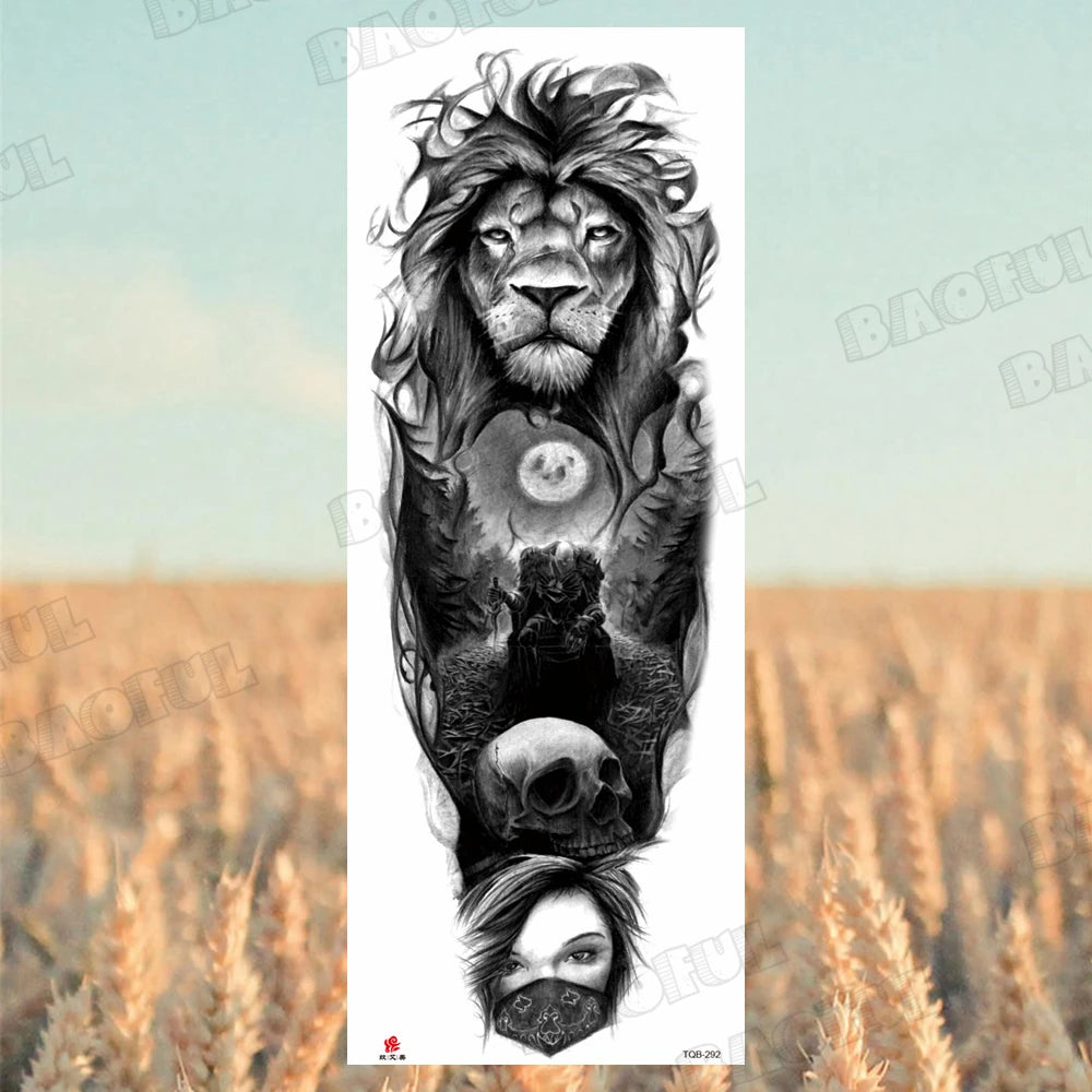 1 Sheet Wolf Lion Maori Flower Arm Sleeve Temporary Tattoo Sticker – Realistic Waterproof Fake Tattoos for Body