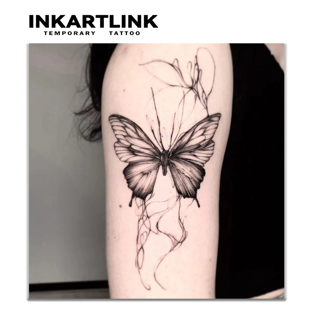Butterfly Line Art Temporary Tattoo – Minimalist Floral Fake Tattoo