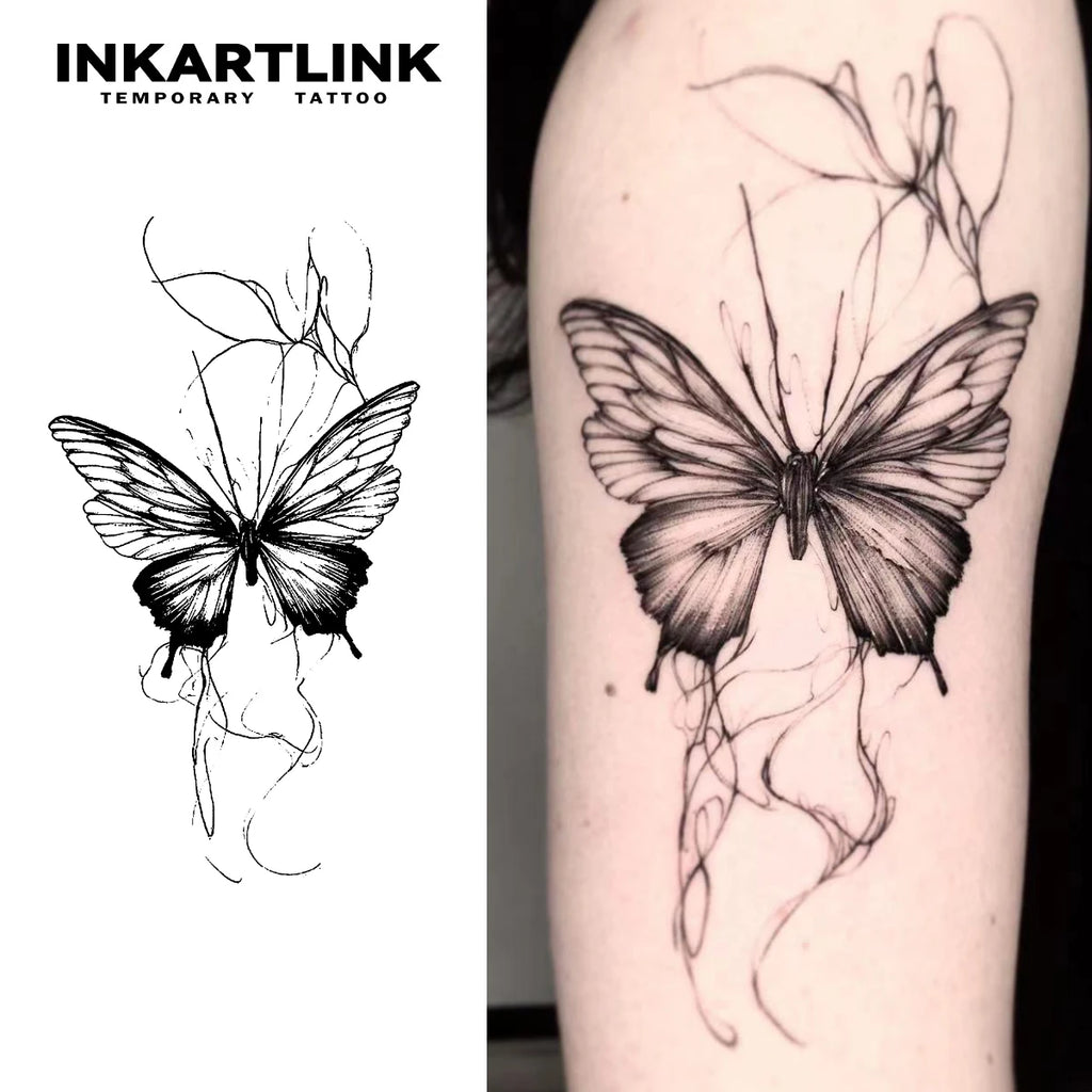 Butterfly Line Art Temporary Tattoo – Minimalist Floral Fake Tattoo