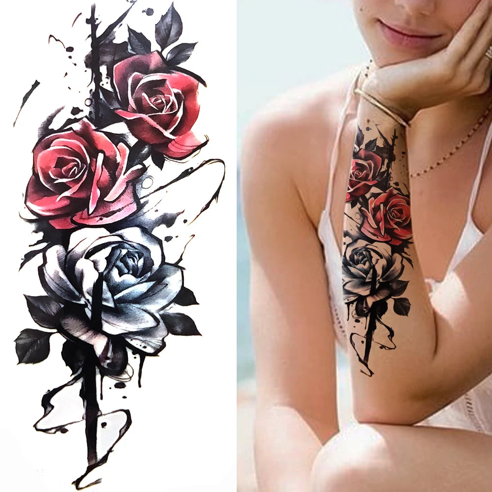 Peony & Dreamcatcher Tattoo Sticker – Realistic Compass, Lace, Lotus, Rose Design