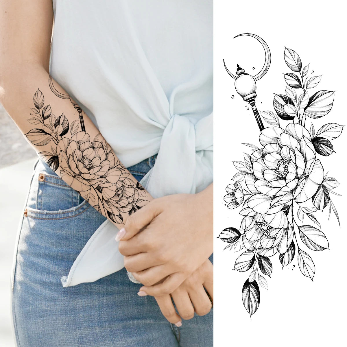 2pcs Watercolor Peony Rose Butterfly Temporary Tattoo Stickers