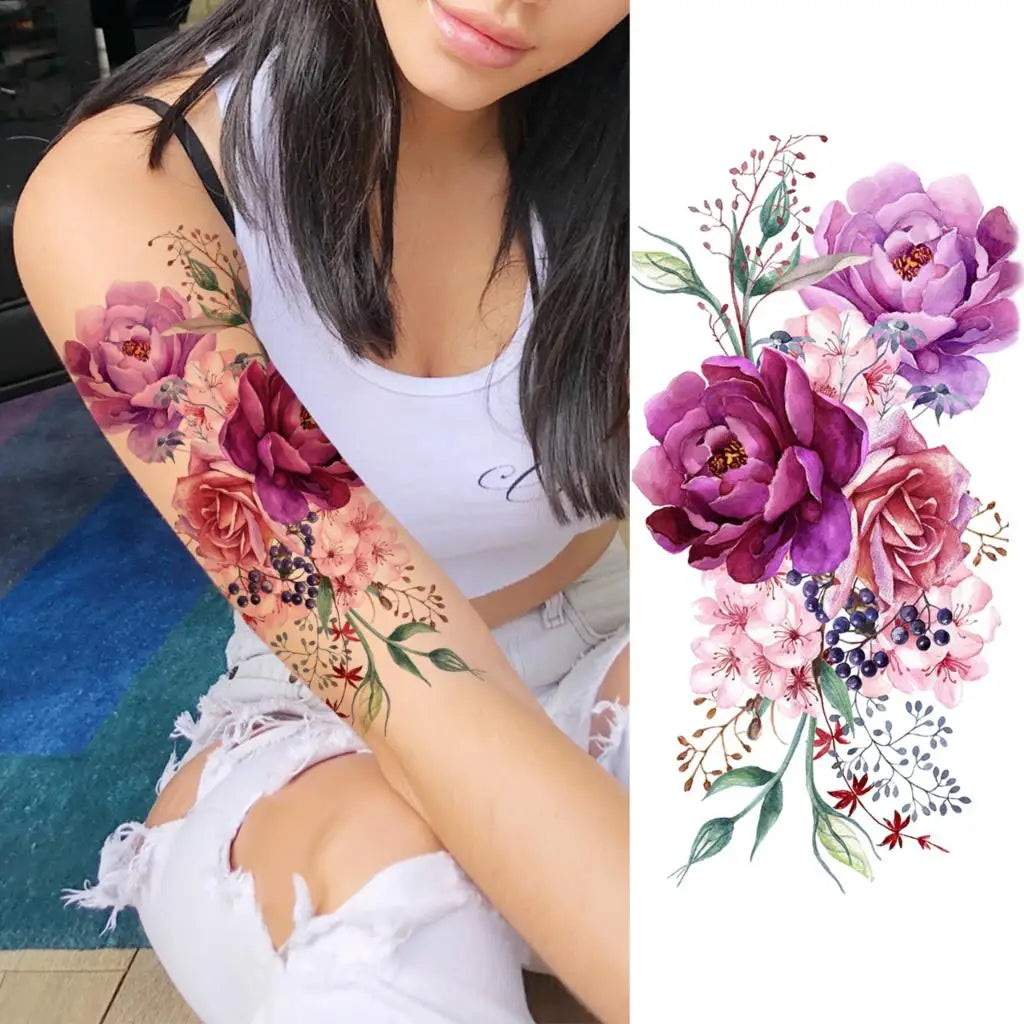 2pcs Watercolor Peony Rose Butterfly Temporary Tattoo Stickers