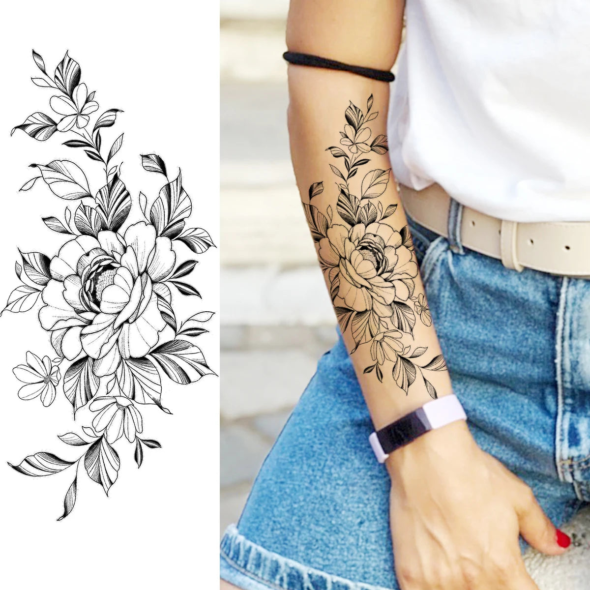 2pcs Watercolor Peony Rose Butterfly Temporary Tattoo Stickers