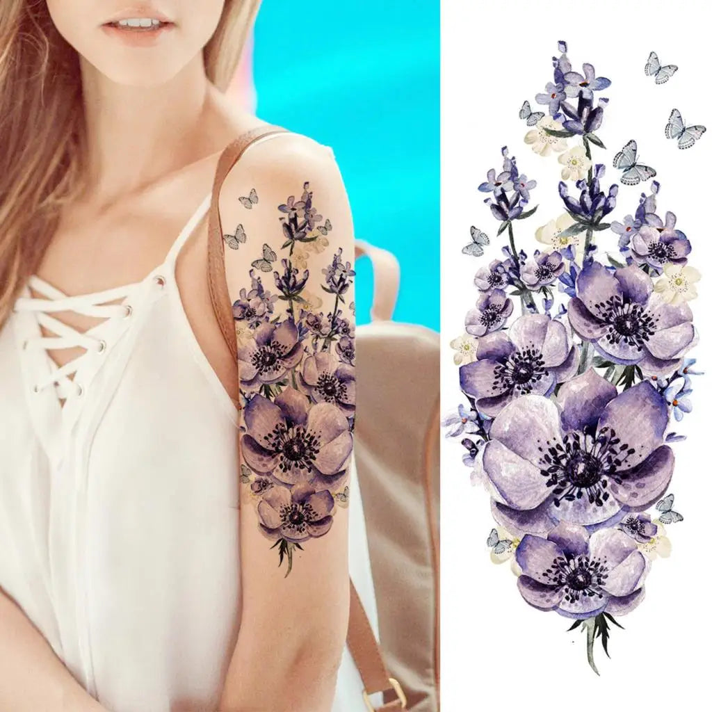 2pcs Watercolor Peony Rose Butterfly Temporary Tattoo Stickers