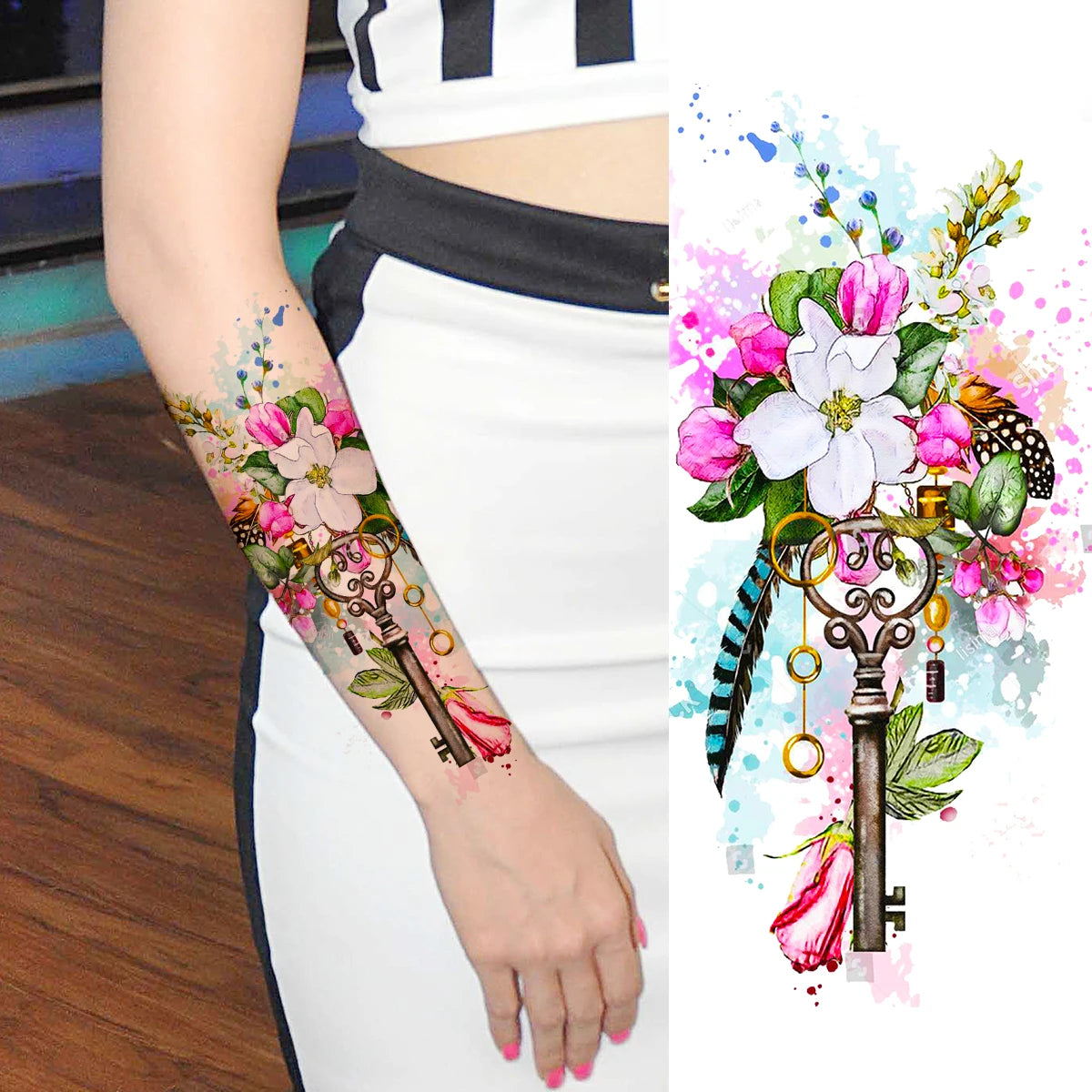 2pcs Watercolor Peony Rose Butterfly Temporary Tattoo Stickers