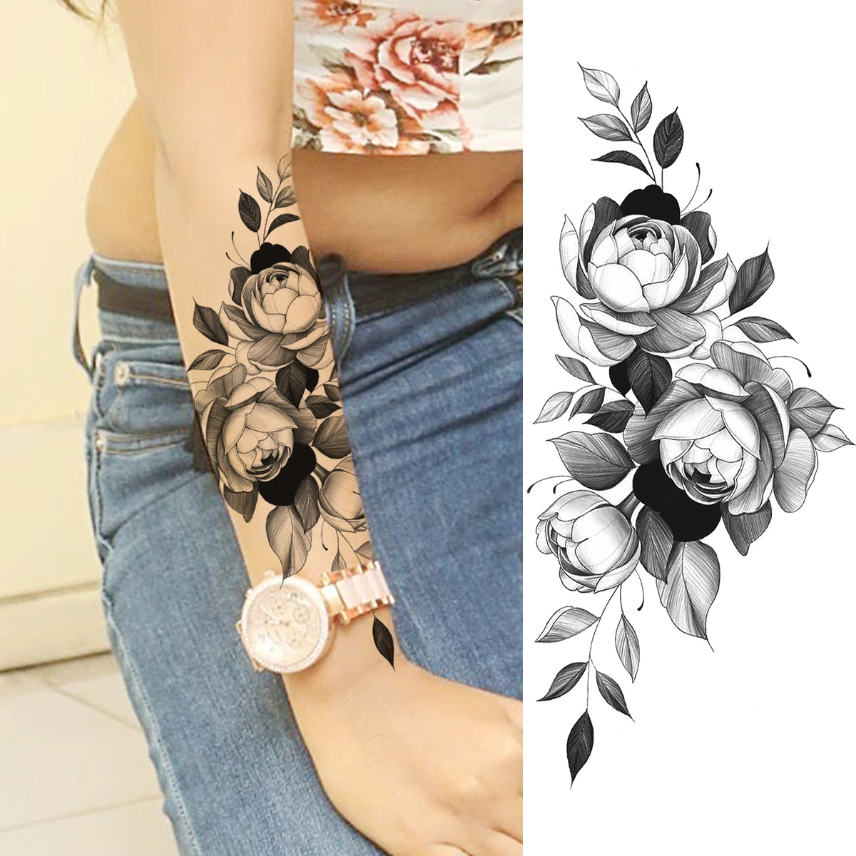 2pcs Watercolor Peony Rose Butterfly Temporary Tattoo Stickers