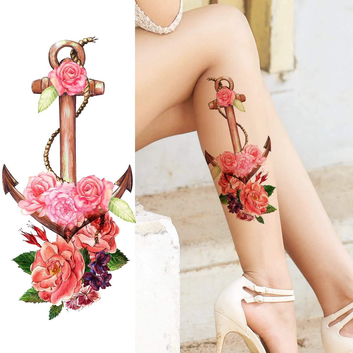 2pcs Watercolor Peony Rose Butterfly Temporary Tattoo Stickers