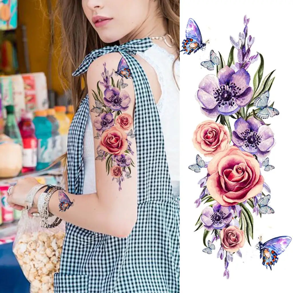 2pcs Watercolor Peony Rose Butterfly Temporary Tattoo Stickers