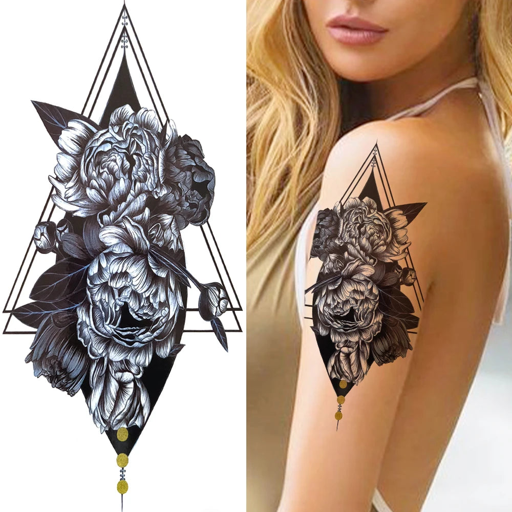 Peony & Dreamcatcher Tattoo Sticker – Realistic Compass, Lace, Lotus, Rose Design