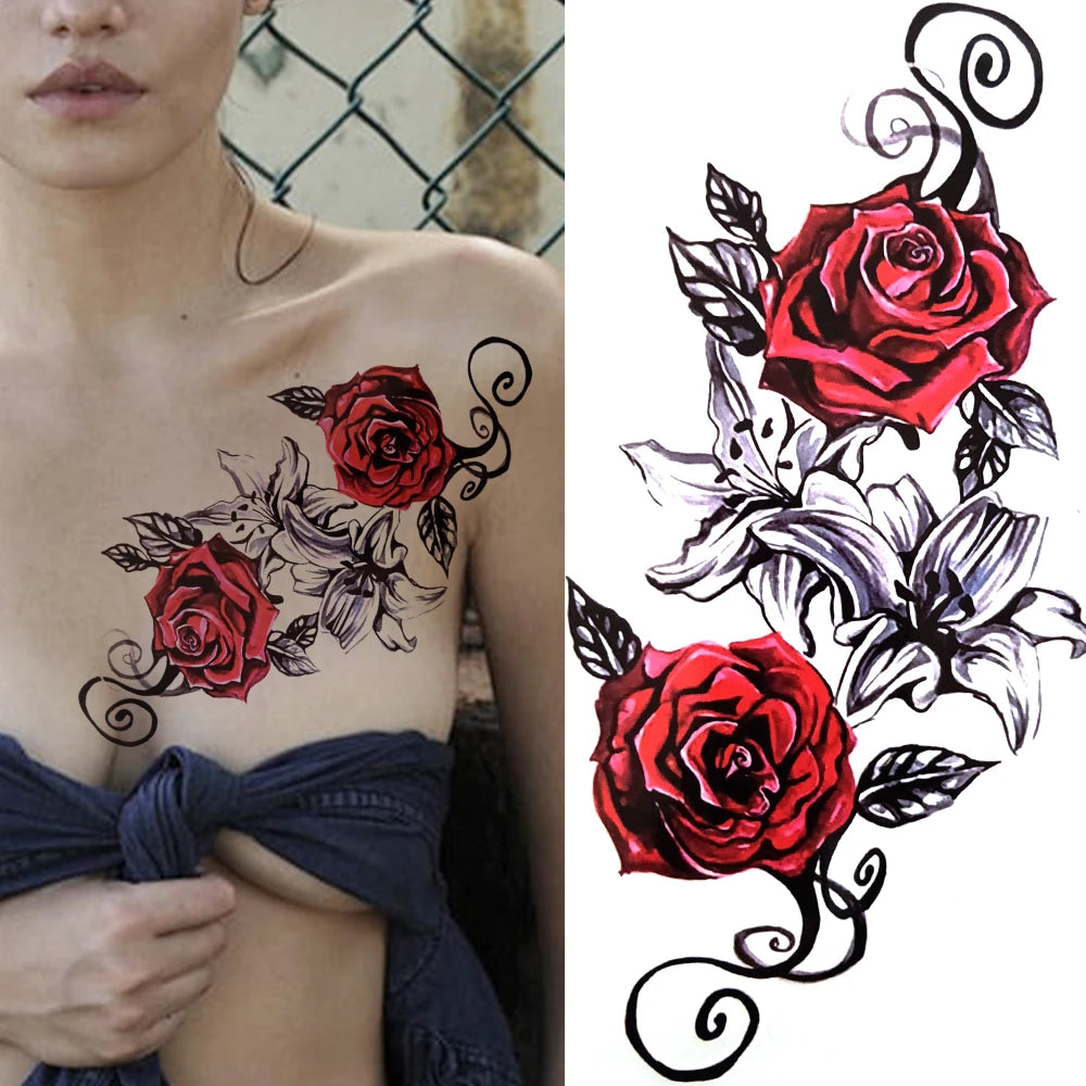 Peony & Dreamcatcher Tattoo Sticker – Realistic Compass, Lace, Lotus, Rose Design
