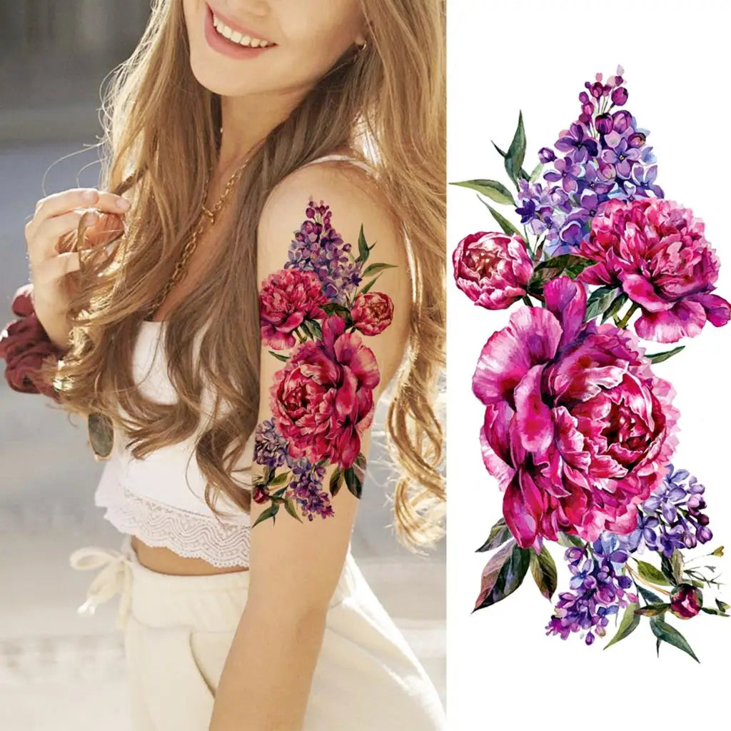 2pcs Watercolor Peony Rose Butterfly Temporary Tattoo Stickers