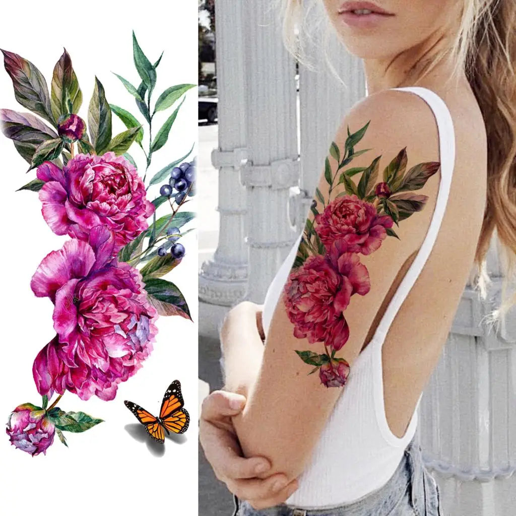 2pcs Watercolor Peony Rose Butterfly Temporary Tattoo Stickers