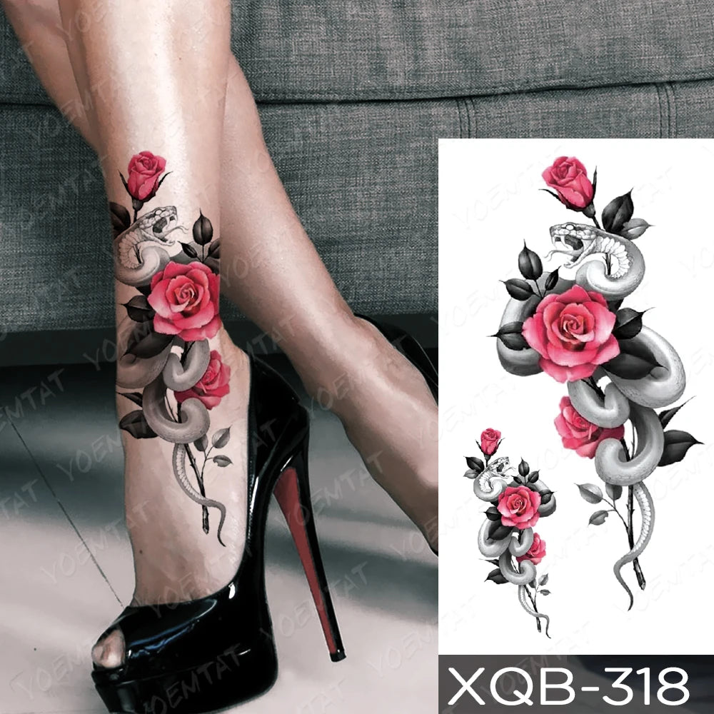 Rose & Snake Tattoo Set – Waterproof Temporary Body Art Stickers (Lace, Flower, Tiger, Dragon)