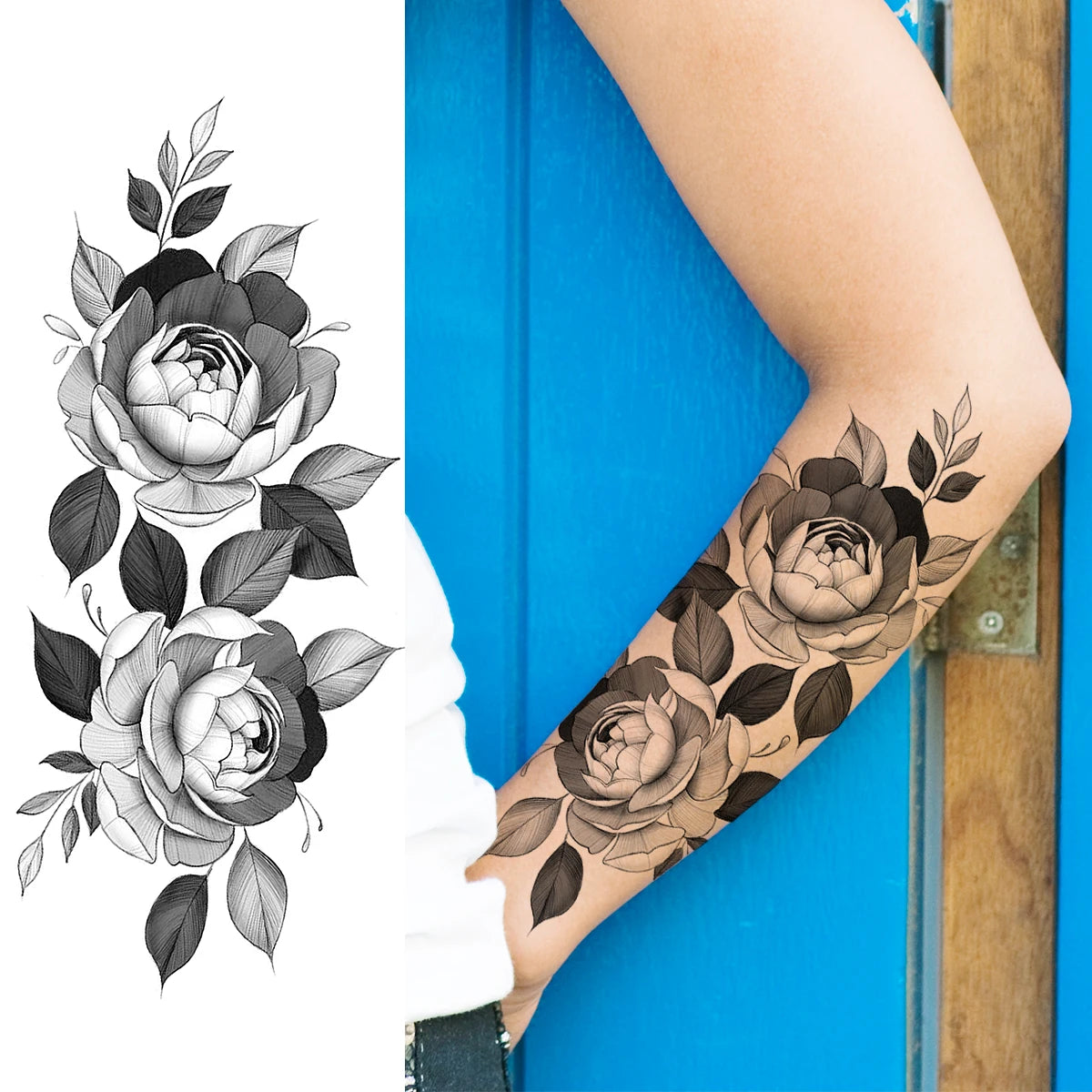 2pcs Watercolor Peony Rose Butterfly Temporary Tattoo Stickers