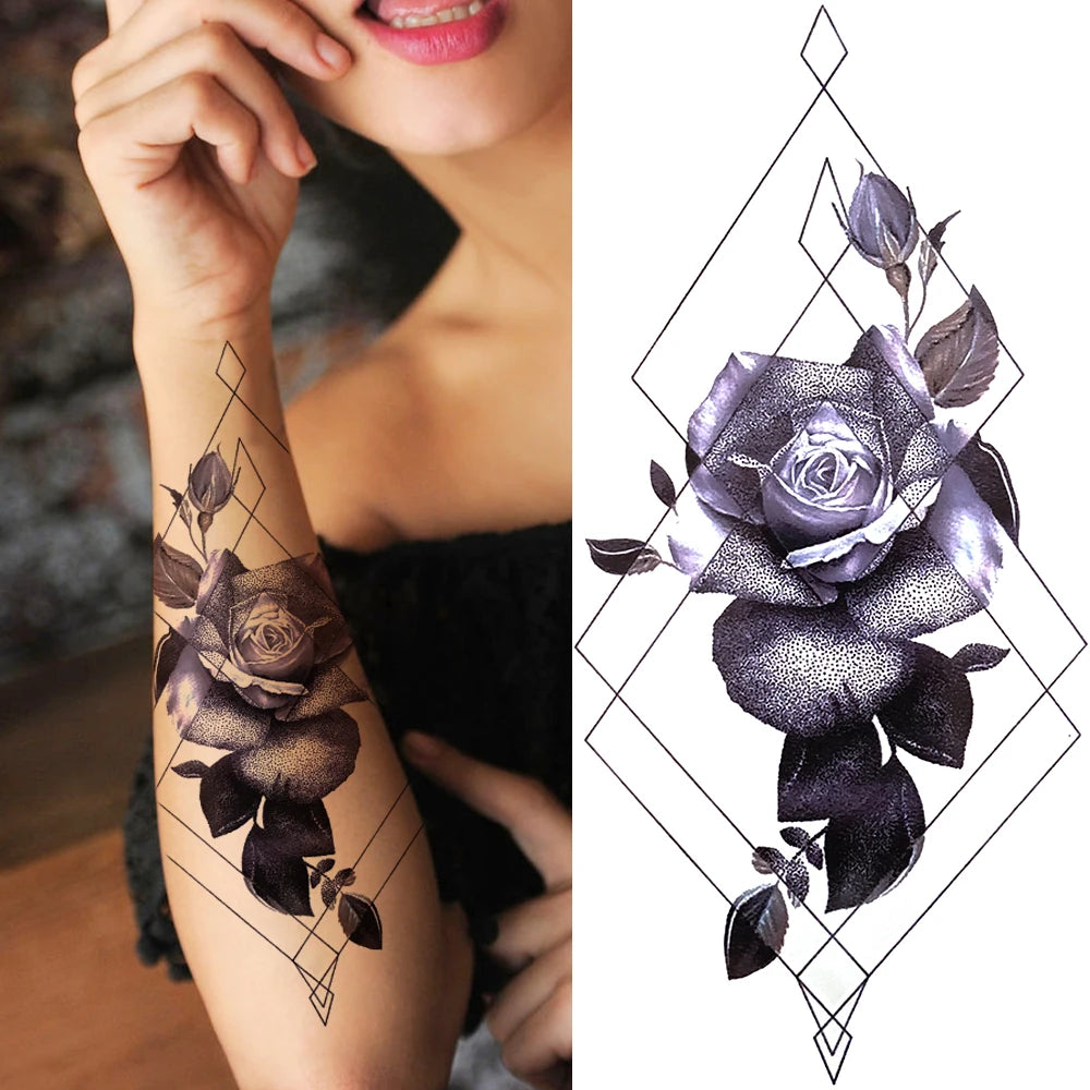 Peony & Dreamcatcher Tattoo Sticker – Realistic Compass, Lace, Lotus, Rose Design
