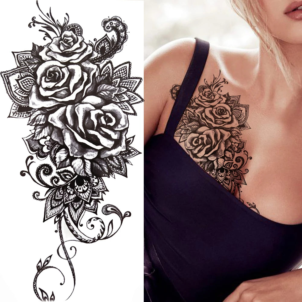 Peony & Dreamcatcher Tattoo Sticker – Realistic Compass, Lace, Lotus, Rose Design