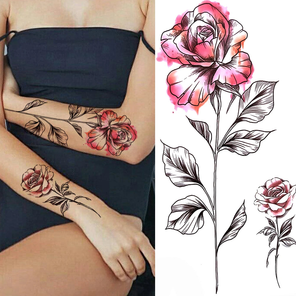 Peony & Dreamcatcher Tattoo Sticker – Realistic Compass, Lace, Lotus, Rose Design