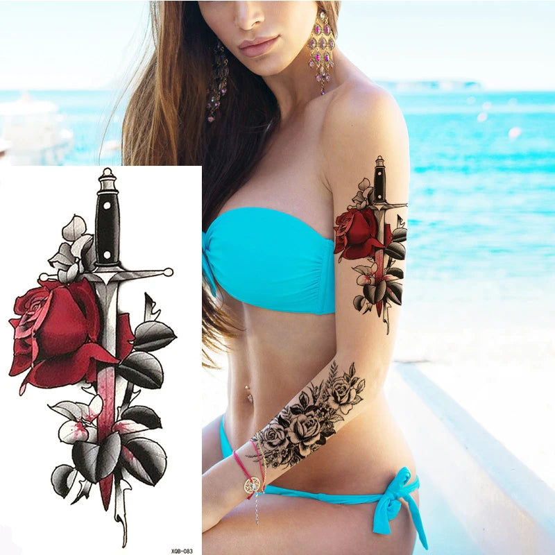 Snake Rose Wolf Temporary Tattoo – Waterproof Flower Fake Tattoo Sticker for Arm & Body Art