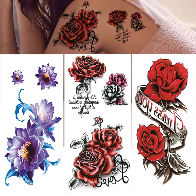 3Pcs Rose Flower Butterfly Temporary Tattoo Stickers – Waterproof Fake Lace Tattoo