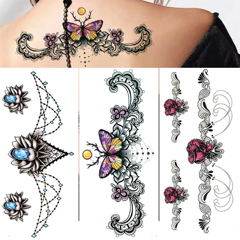 3Pcs Rose Flower Butterfly Temporary Tattoo Stickers – Waterproof Fake Lace Tattoo