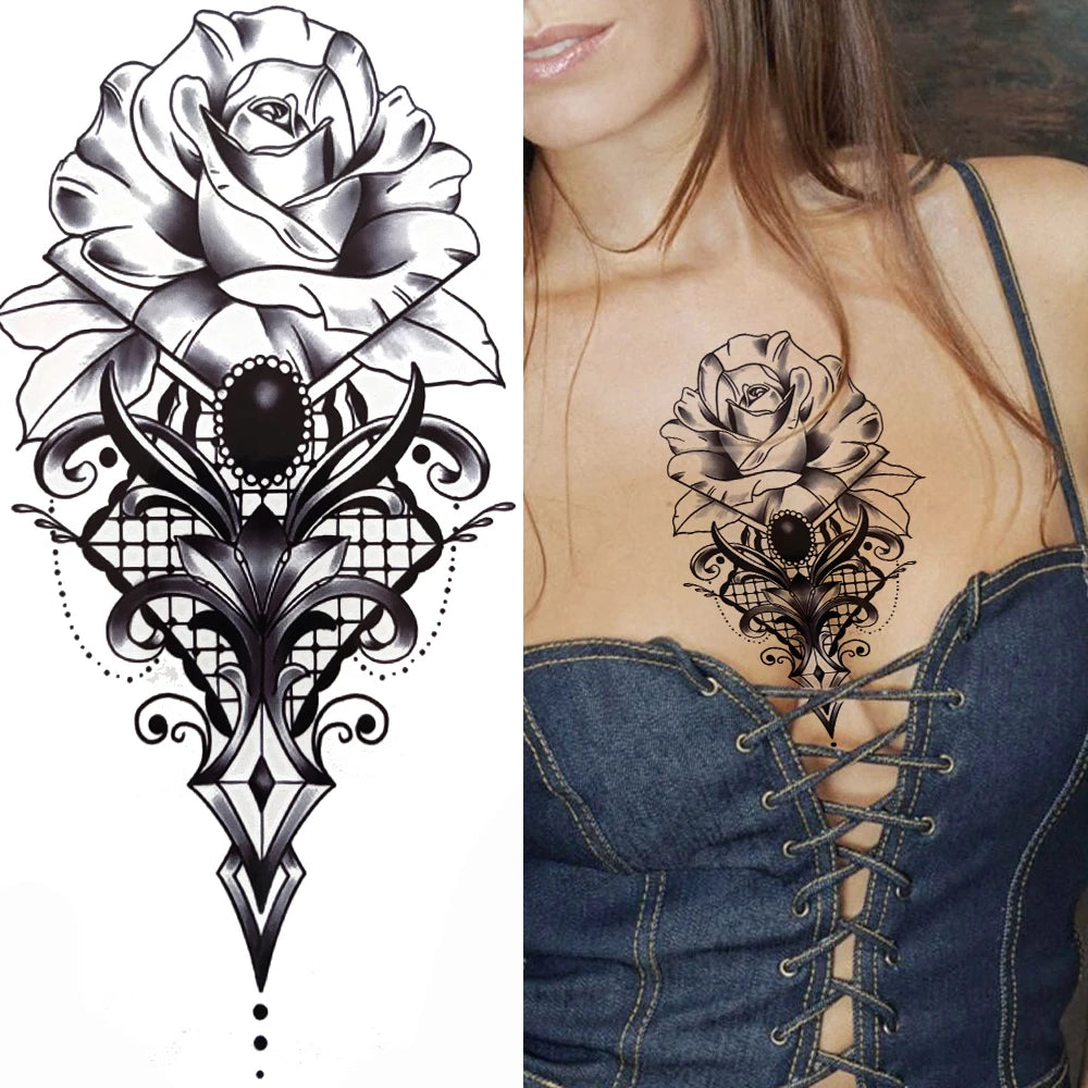 Peony & Dreamcatcher Tattoo Sticker – Realistic Compass, Lace, Lotus, Rose Design