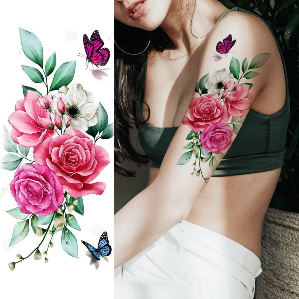 2pcs Watercolor Peony Rose Butterfly Temporary Tattoo Stickers