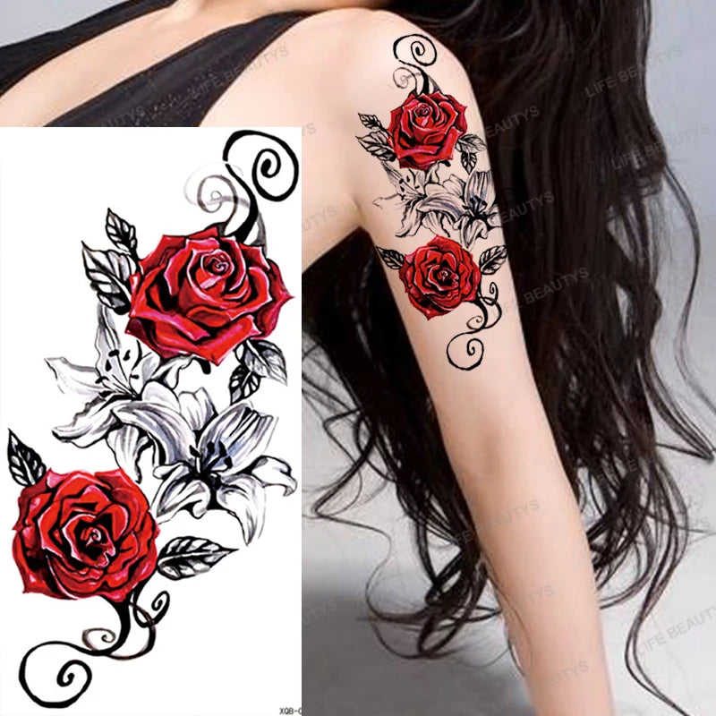 Snake Rose Wolf Temporary Tattoo – Waterproof Flower Fake Tattoo Sticker for Arm & Body Art