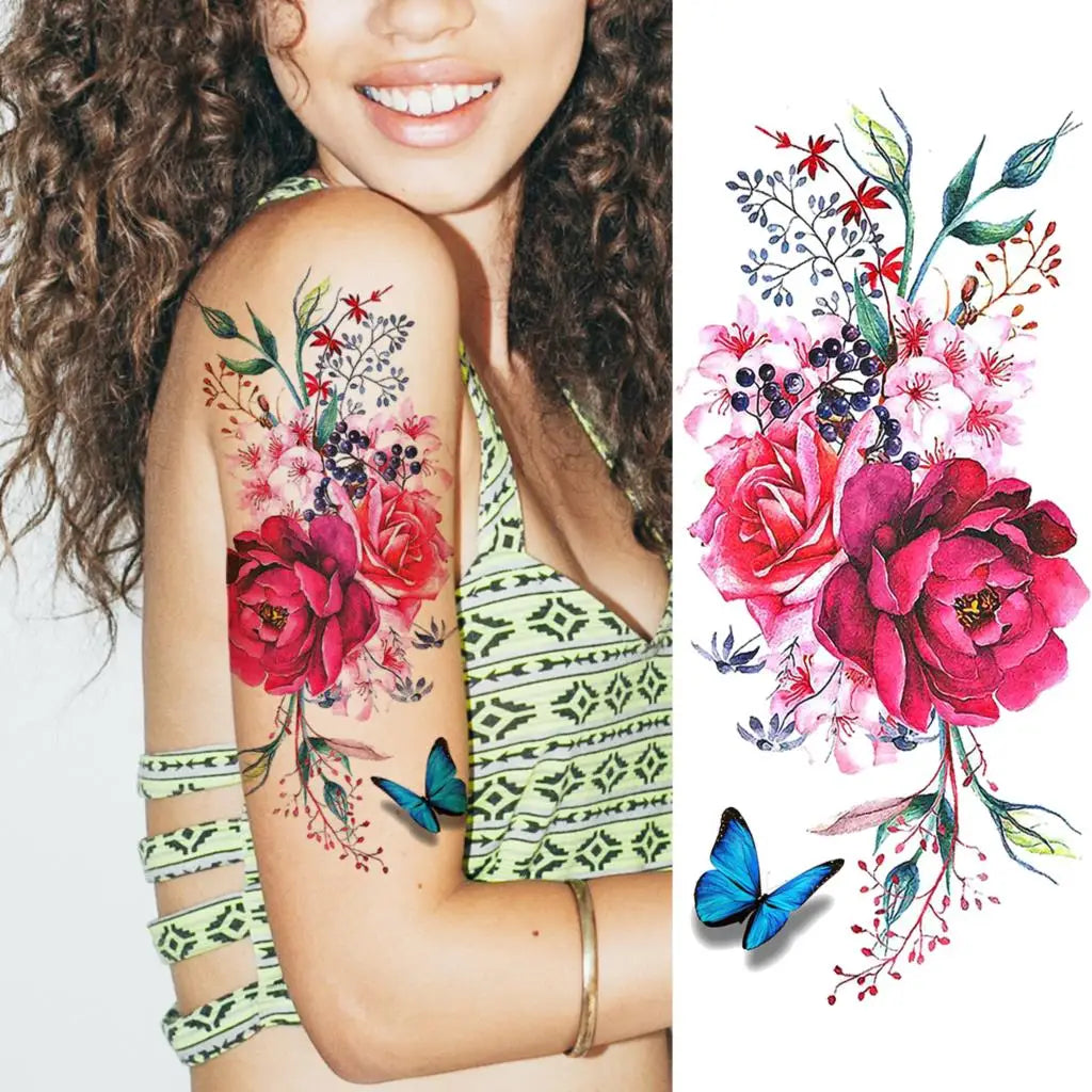 2pcs Watercolor Peony Rose Butterfly Temporary Tattoo Stickers