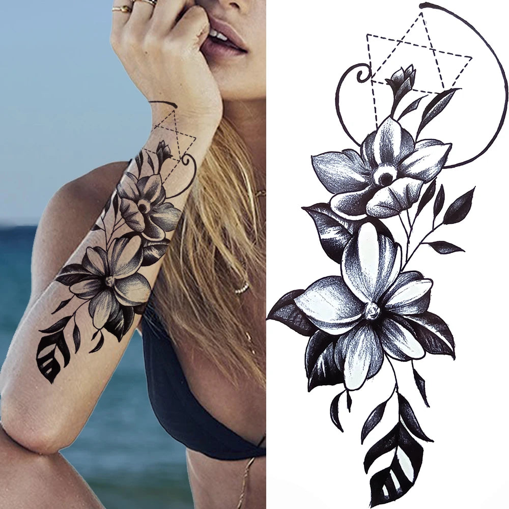 Peony & Dreamcatcher Tattoo Sticker – Realistic Compass, Lace, Lotus, Rose Design