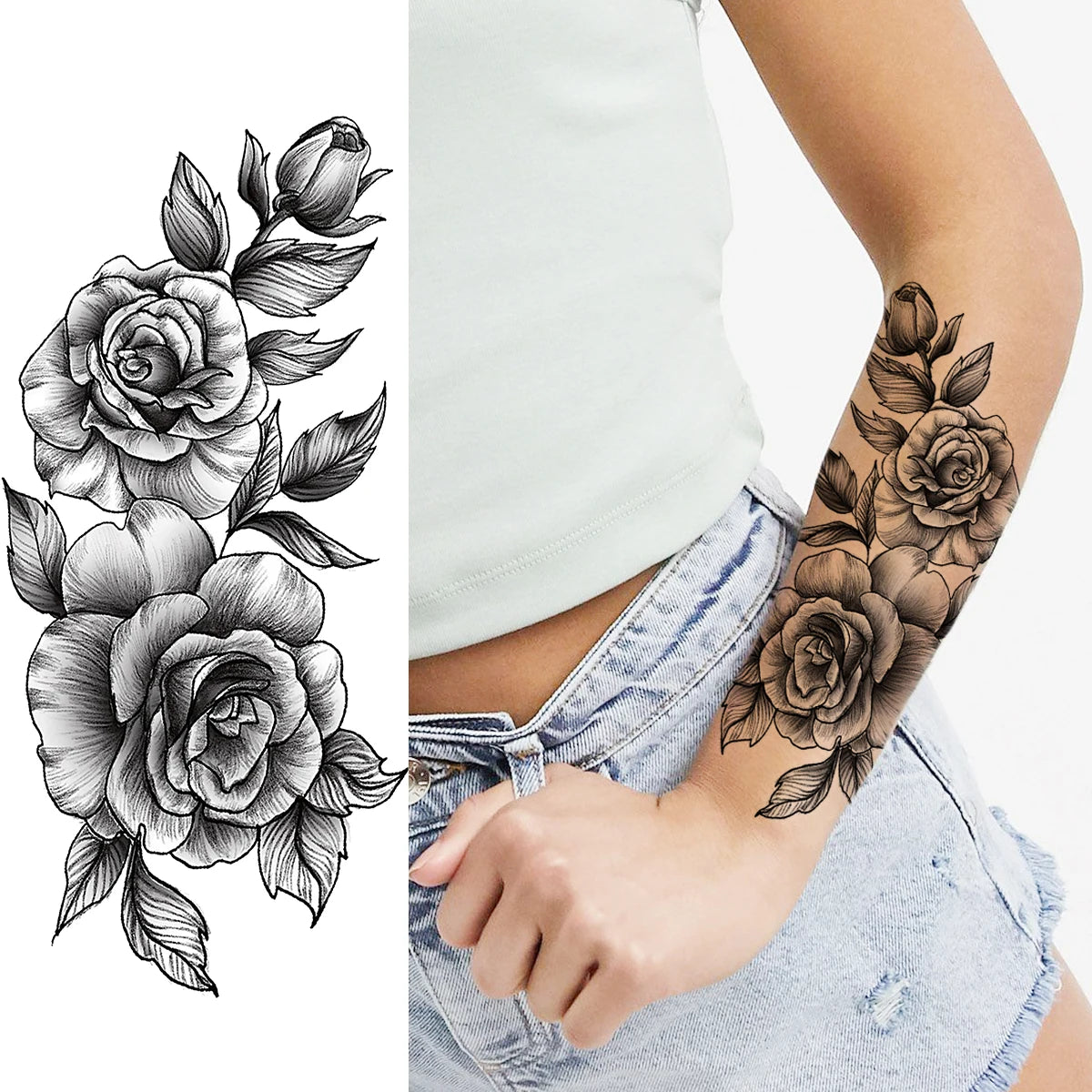 2pcs Watercolor Peony Rose Butterfly Temporary Tattoo Stickers